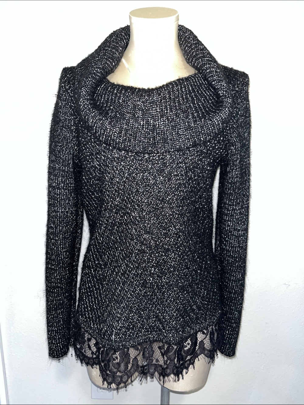 Black Metallic Cowl Neck Lace-Hem knit Sweater White House Black Market